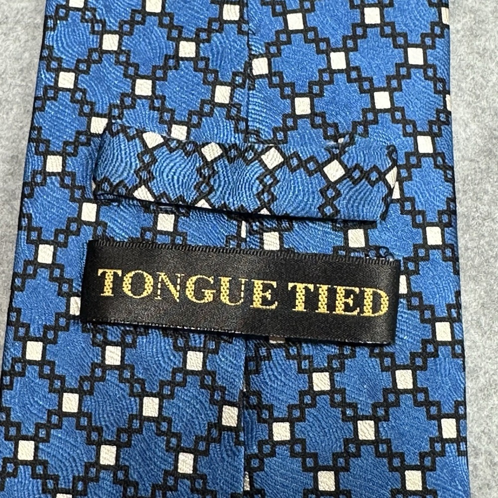 Vintage Tongue Tied Blue Geometric Lattice Silk Tie Mens Wide Width 59x3.3" - Picture 2 of 7